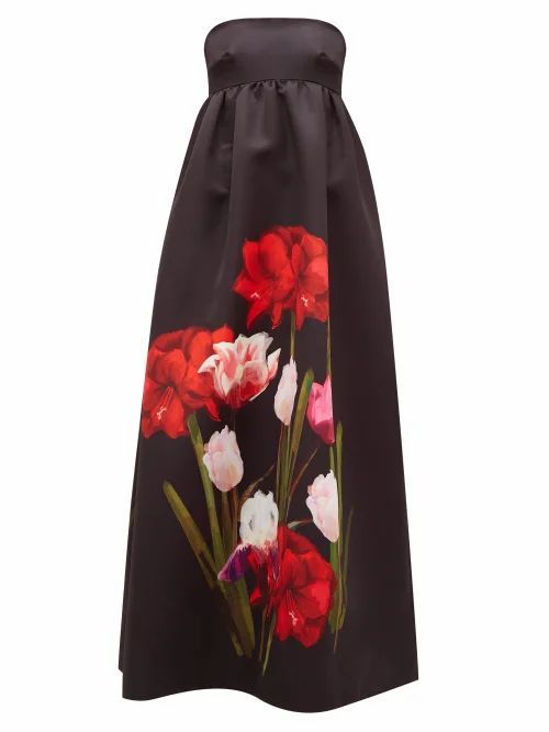 Borgo De Nor - Anastasia Floral-print Satin-twill Dress - Womens - Black Multi