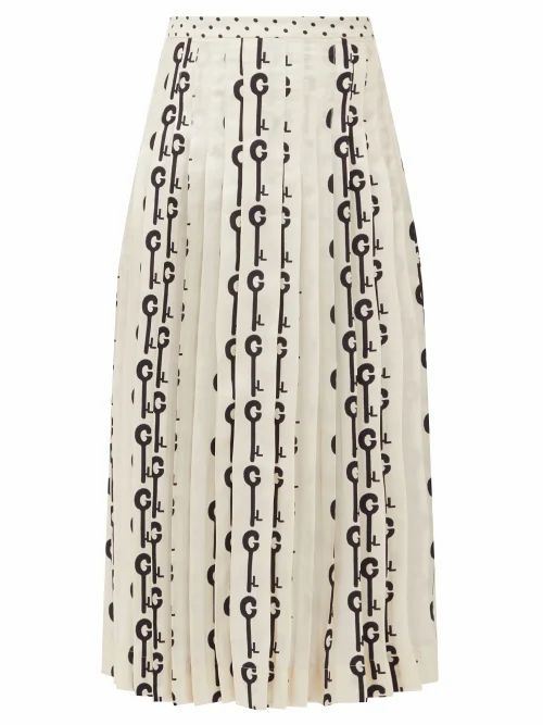La Prestic Ouiston - Gabrielle Good Luck-print Pleated Silk Skirt - Womens - White Black