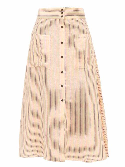 Three Graces London - Anna Striped Button-down Linen Midi Skirt - Womens - Multi