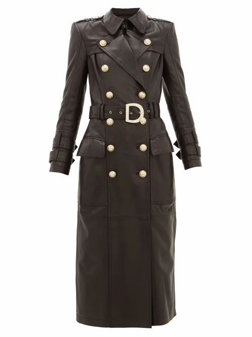 Balmain - Double-breasted Leather Trench Coat - Womens - Black