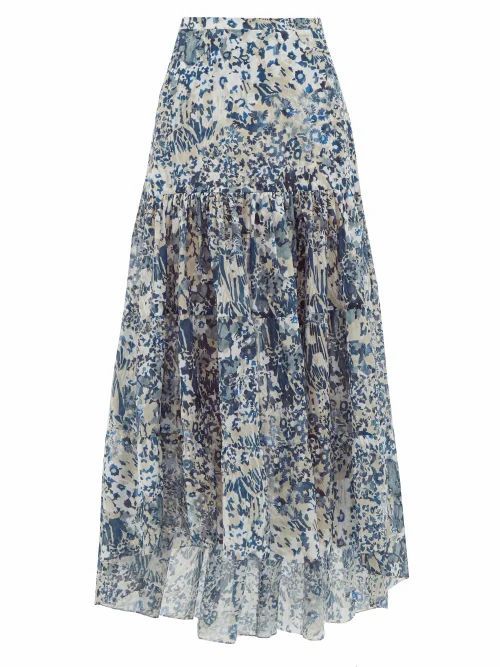 On The Island By Marios Schwab - Kaupoa Floral-print Banded Cotton-poplin Skirt - Womens - Blue Print