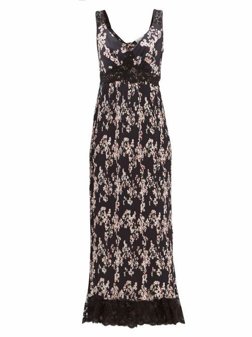 Lace-trimmed Floral-print Pleated Satin Dress - Womens - Black