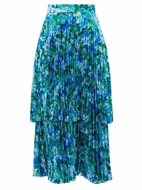 Richard Quinn - Pleated Floral-print Satin Midi Skirt - Womens - Blue Print