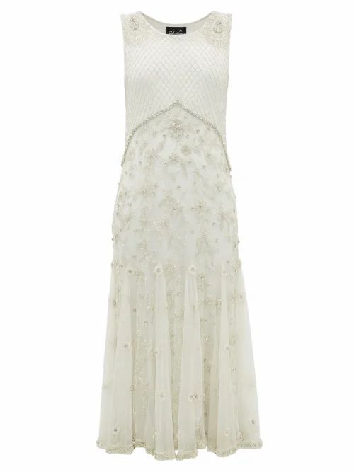 Crystal And Bead-embellished Silk-tulle Midi Dress - Womens - Ivory