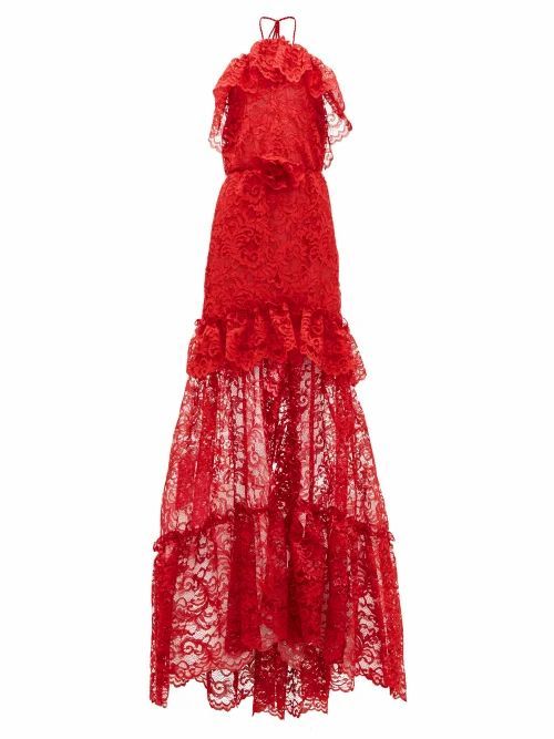 Dundas - Ruffled Halterneck Guipure-lace Gown - Womens - Red