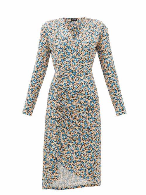 Atlein - Gathered Floral-print Jersey Wrap Dress - Womens - Blue Print