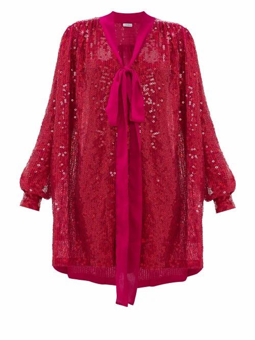 Pussy-bow Sequinned Dress - Womens - Fuchsia