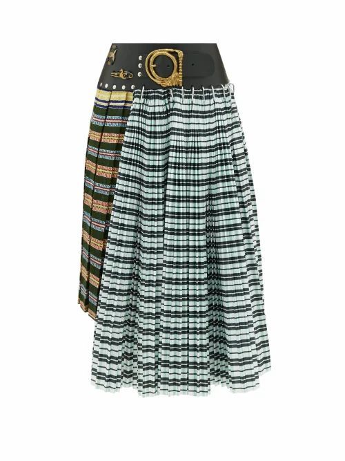 Chopova Lowena - Pleated Check Wool-blend Midi-skirt - Womens - Green Multi