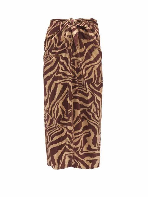 Ganni - Knotted Tiger-print Silk-blend Satin Midi Skirt - Womens - Multi