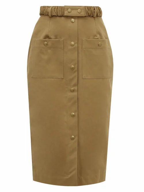 Symonds Pearmain - Belted Cotton-twill Pencil Skirt - Womens - Brown