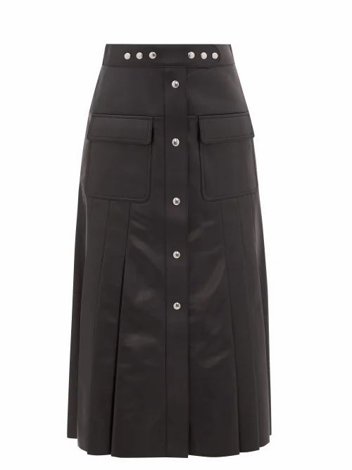 Prada - Button-through Pleated Leather Midi Skirt - Womens - Black