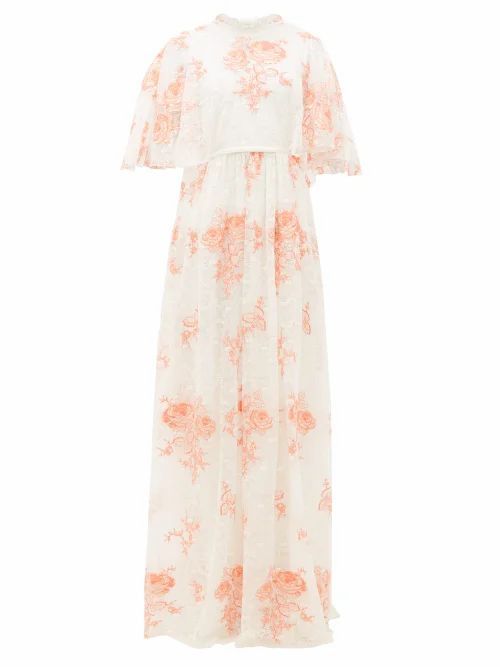 Giambattista Valli - Rose-embroidered Cape-sleeve Lace Gown - Womens - Ivory Multi