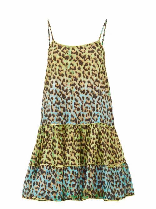 Juliet Dunn - Leopard-print Ruffled-hem Cotton Dress - Womens - Green Print