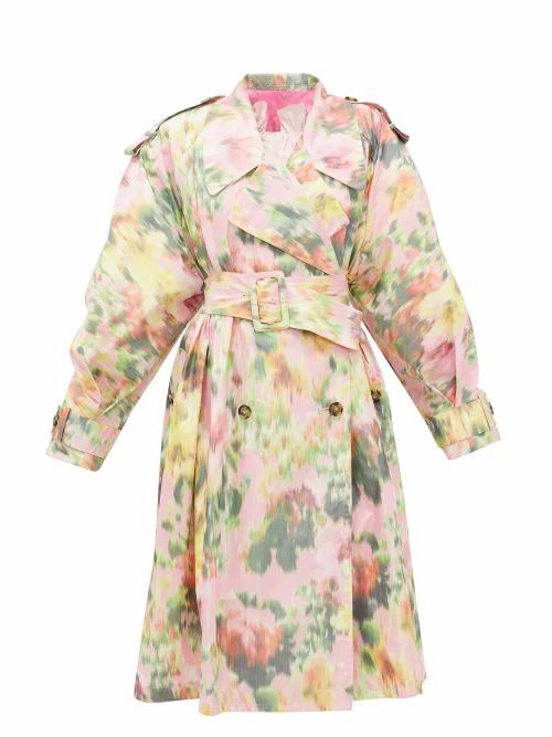MSGM - Belted Floral-print Taffeta Trench Coat - Womens - Pink Print