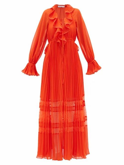 Self-portrait - Lace-trimmed Pleated Chiffon Dress - Womens - Orange