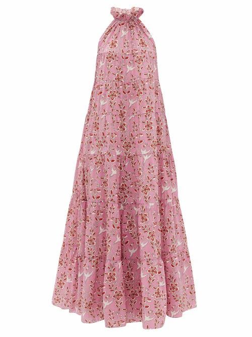 Rhode - Julia High-neck Tiered Floral-print Cotton Dress - Womens - Pink Print