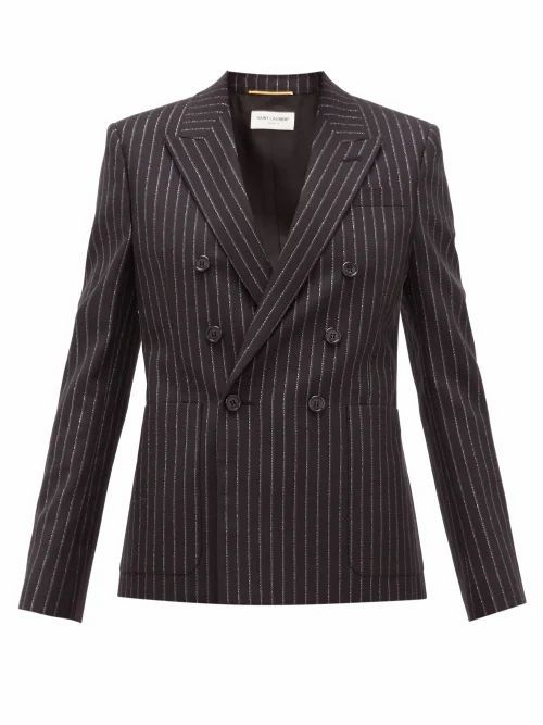 Saint Laurent - Double-breasted Lamé-striped Wool-blend Jacket - Womens - Black Silver