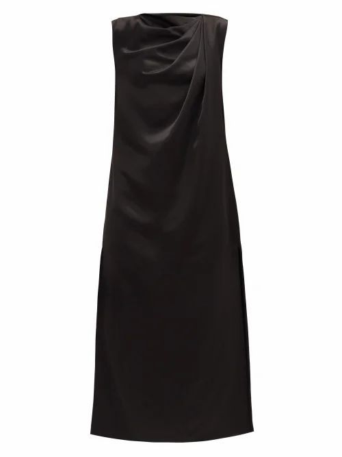 Marina Moscone - Twist Shoulder Satin Midi Dress - Womens - Black