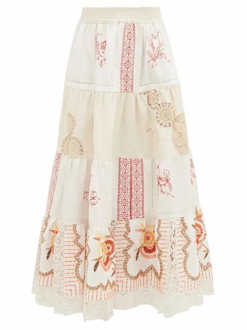 Rianna + Nina - Vintage Kendima Volant Embroidered Cotton Skirt - Womens - White Multi