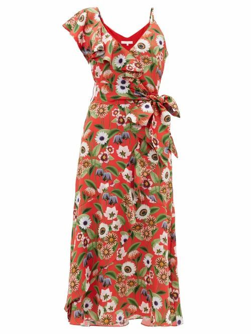 Borgo De Nor - Isadora Asymmetric Floral-print Satin Midi Dress - Womens - Red Multi