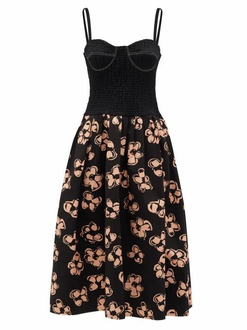 Shirred-bodice Floral-print Dress - Womens - Black Print