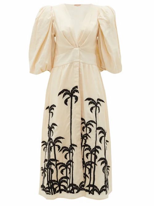Johanna Ortiz - Quizás Palm Tree-embroidered Linen Midi Dress - Womens - Cream Multi