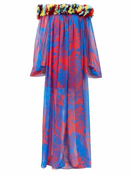 Halpern - Floral-appliqu�� Abstract-print Chiffon Dress - Womens - Blue Print