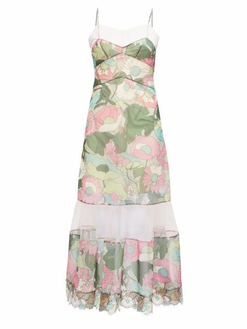 Windflower-print Tulle-panel Twill Dress - Womens - Pink Print