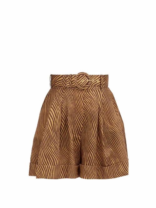 Zimmermann - Empire Pleated Zebra-print Linen Shorts - Womens - Brown Print