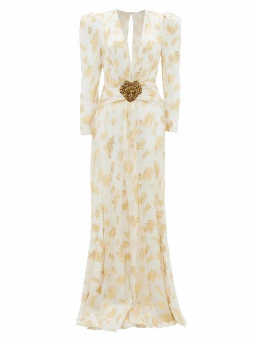Plunge-neckline Leaf-jacquard Silk-crepe Gown - Womens - White