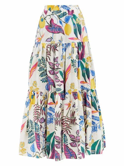 La DoubleJ - Big Skirt Botanical-print Cotton-poplin Midi Skirt - Womens - White Multi
