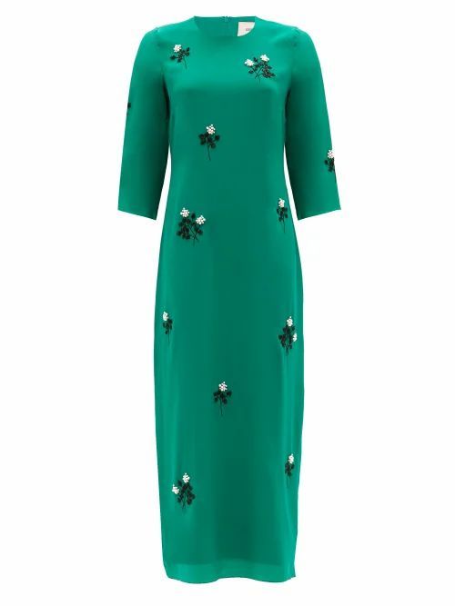 Evanna Floral Beaded Silk Crepe Midi Dress - Womens - Green