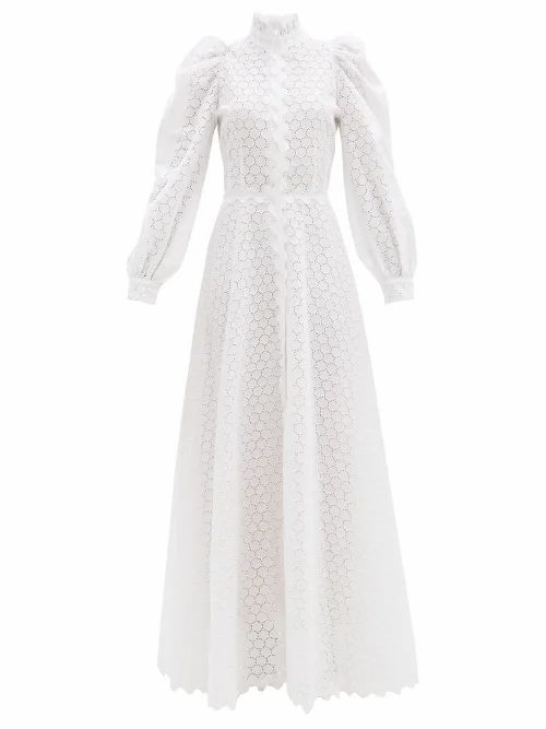 High-neck Linen-blend Broderie Anglaise Gown - Womens - White