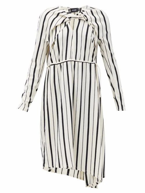 Atlein - Asymmetric Striped Plissé-crepe Dress - Womens - Black Stripe
