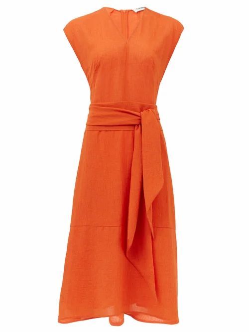 Cefinn - Waist-tie Voile Midi Dress - Womens - Orange
