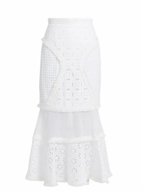 Andrew Gn - Broderie-anglaise Panelled Cotton Skirt - Womens - White