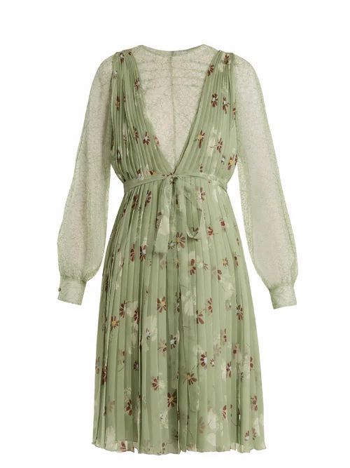 Valentino - Floral-print Lace-trimmed Silk-chiffon Dress - Womens - Green Print