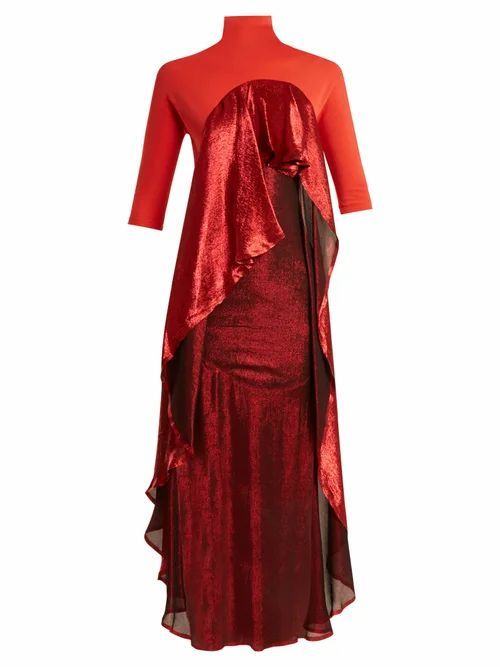 Paula Knorr - Drape Jersey And Silk-blend Lamé Dress - Womens - Red Multi