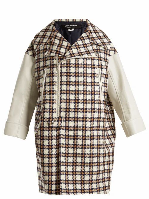 Junya Watanabe - Leather-trimmed Hound's-tooth Wool-blend Coat - Womens - White Multi