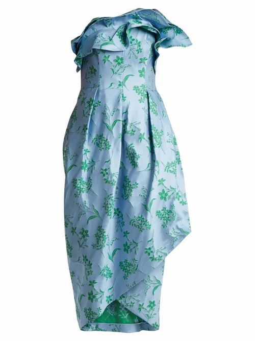 Carolina Herrera - Ruffle-trimmed Floral-jacquard Dress - Womens - Blue Print