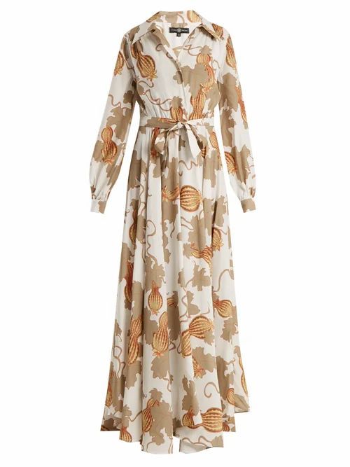 Edward Crutchley - Tie-waist Leaf-print Woven Dress - Womens - White Multi