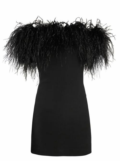 Saint Laurent - Off-the-shoulder Ostrich Feather-trimmed Dress - Womens - Black