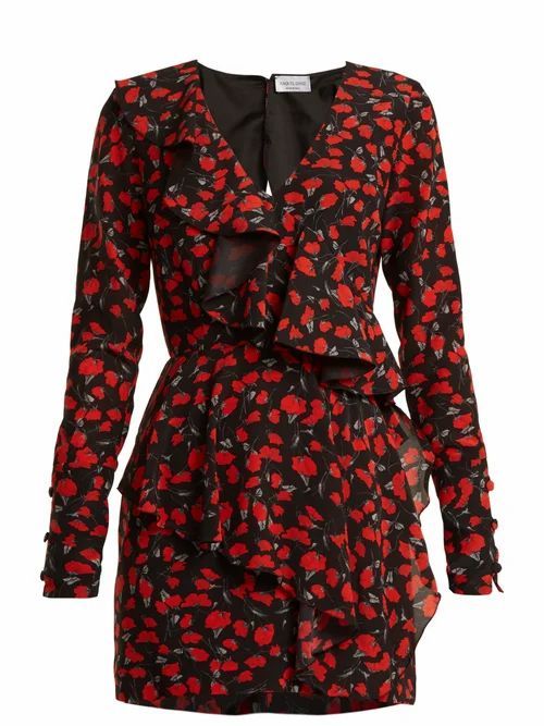 Raquel Diniz - Anna Floral-print Silk-crepe Dress - Womens - Black Red