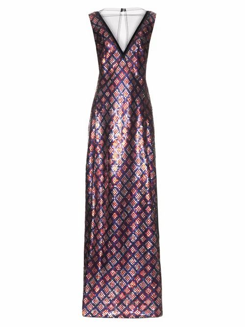 Tulle-panel Sequin-embellished Gown - Womens - Navy Multi