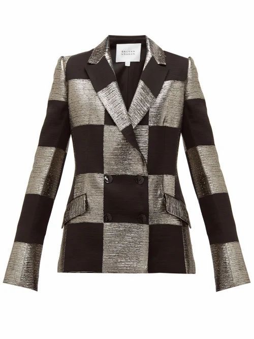 Galvan - Ziggy Checked Double-breasted Lamé Blazer - Womens - Black Gold