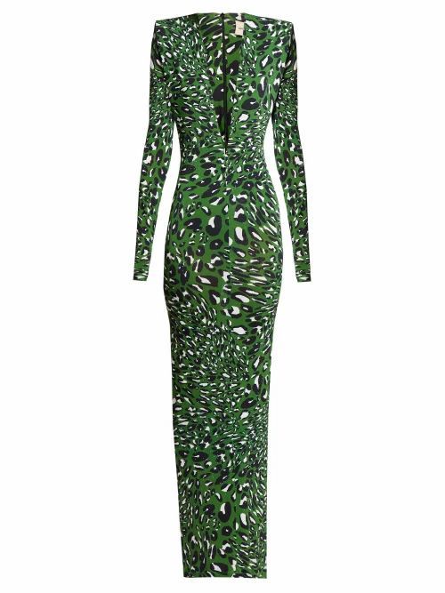 Alexandre Vauthier - Plunge-neck Leopard-print Maxi Dress - Womens - Green Print
