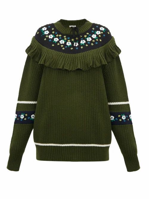 Miu Miu - Floral-embroidered Wool Sweater - Womens - Green Multi