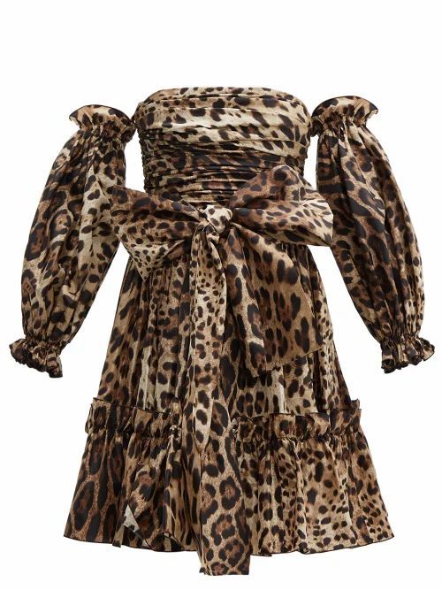 Dolce & Gabbana - Leopard-print Off-the-shoulder Silk Mini Dress - Womens - Leopard