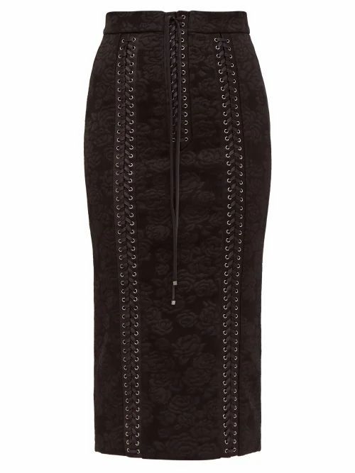 Dolce & Gabbana - Lace-up Floral-jacquard Pencil Skirt - Womens - Black