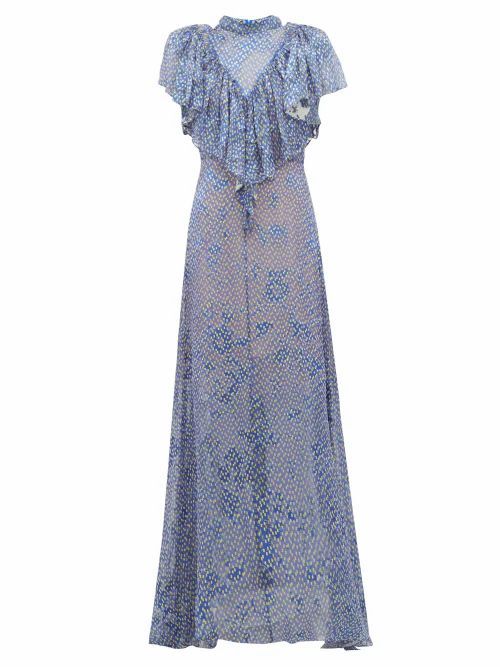 Preen By Thornton Bregazzi - Lyla Graphic-print Ruffled Devoré Maxi Dress - Womens - Blue